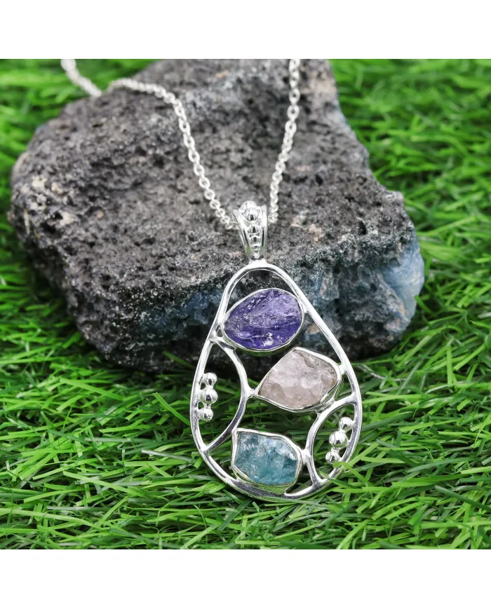 Raw Tanzanite Pendant Necklace with Rose Quartz and Apatite Gemstone