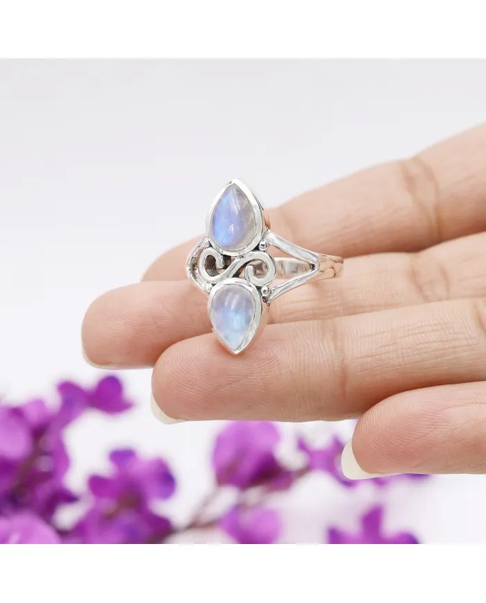 Rainbow Moonstone Ring - 925 Sterling Silver Pear Shape Handmade Jewelry