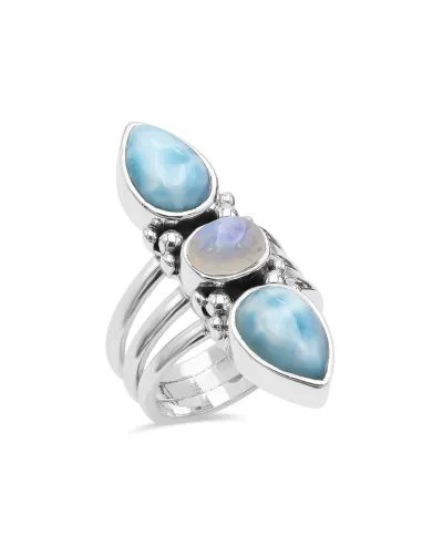 Larimar & Rainbow Moonstone Ring – Handmade 925 Sterling Silver Jewelry