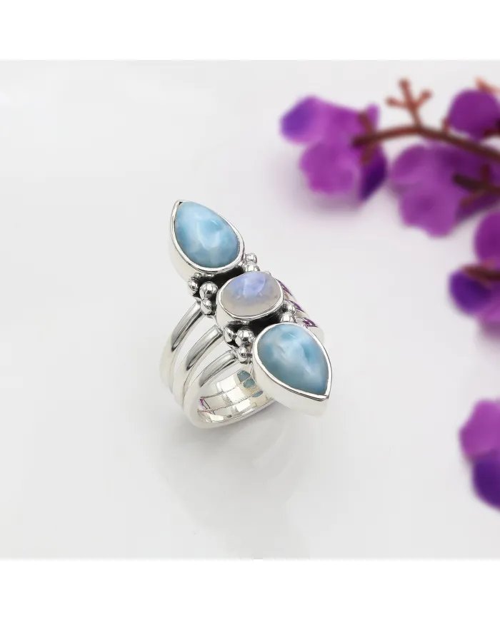 Larimar and Moonstone Ring – Handmade Sterling Silver Statement Dainty Ring for Women