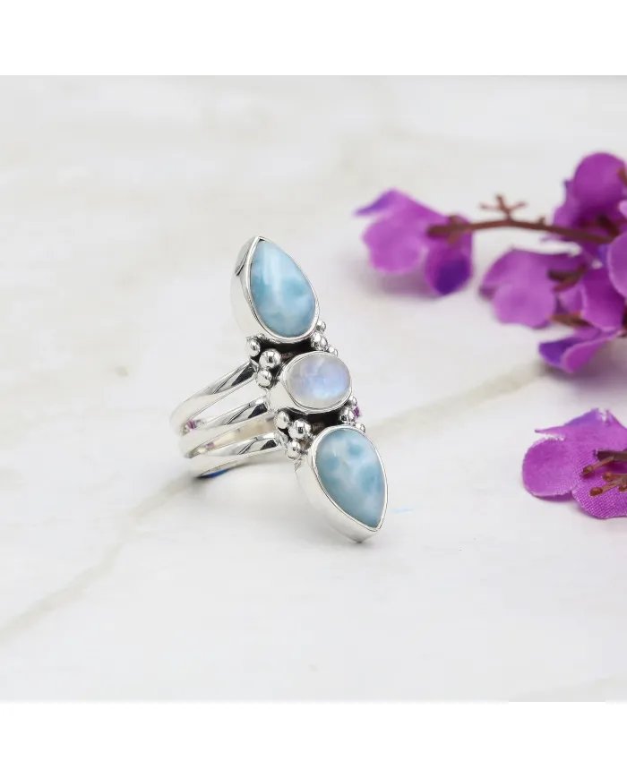 Larimar and Moonstone Ring – Handmade Sterling Silver Statement Dainty Ring for Women