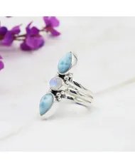 Larimar and Moonstone Ring – Handmade Sterling Silver Statement Dainty Ring for Women