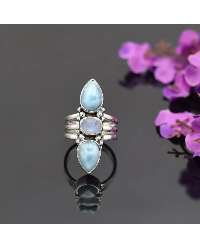 Larimar & Rainbow Moonstone Ring – Handmade 925 Sterling Silver Jewelry