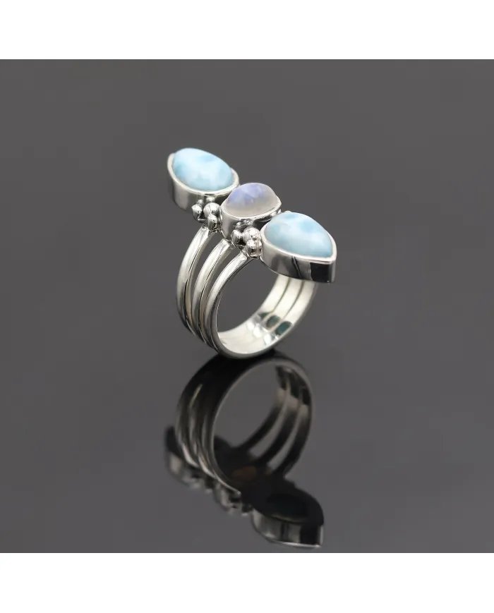 Larimar and Moonstone Ring – Handmade Sterling Silver Statement Dainty Ring for Women