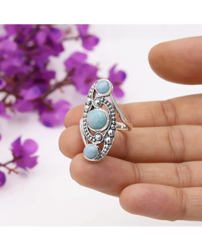 Natural Larimar Ring - Sterling Silver Statement Boho Handmade Ring Perfect Gift for Women