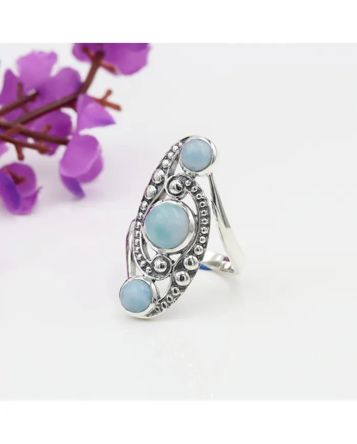 Natural Larimar Ring - Sterling Silver Statement Boho Handmade Ring Perfect Gift for Women
