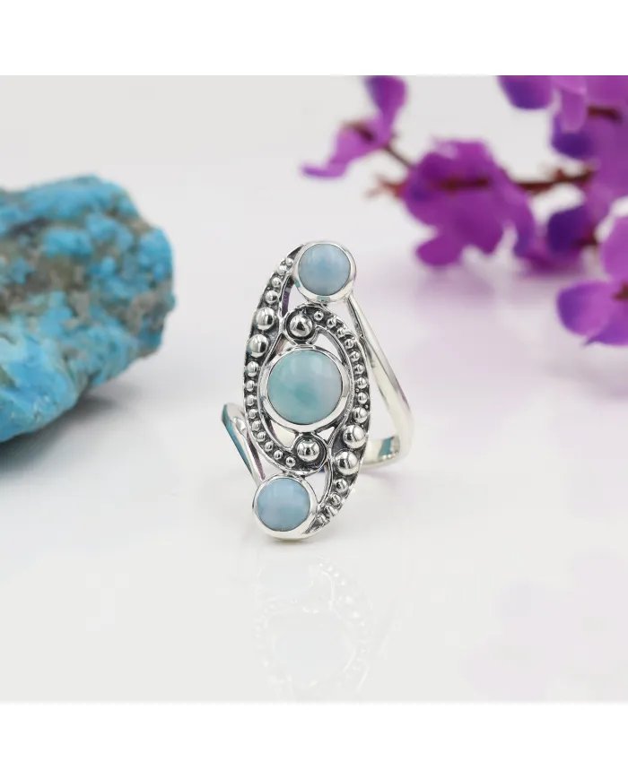 Natural Larimar Ring - Sterling Silver Statement Boho Handmade Ring Perfect Gift for Women
