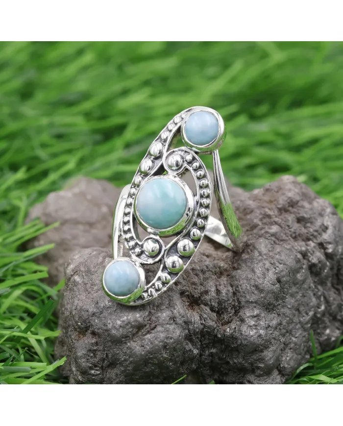 Natural Larimar Ring - Sterling Silver Statement Boho Handmade Ring Perfect Gift for Women