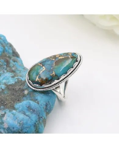 Blue Copper Turquoise Handmade Ring - Sterling Silver Statement Boho Style Ring for Her