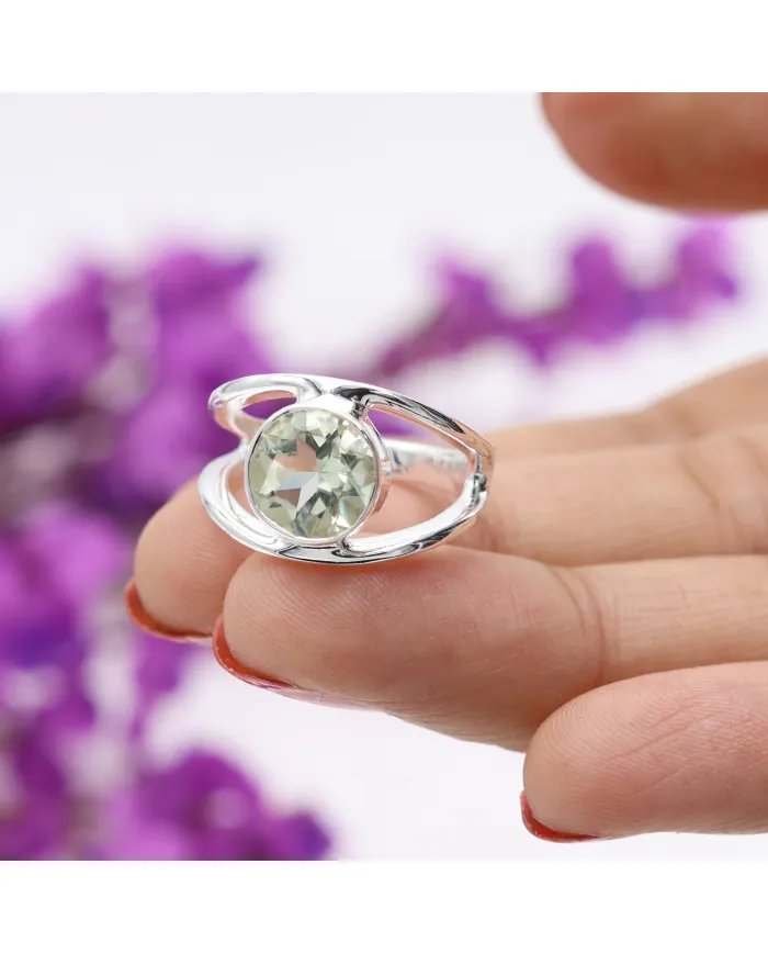 Green Amethyst Ring - Sterling Silver Handmade Round Shape Ring for Women