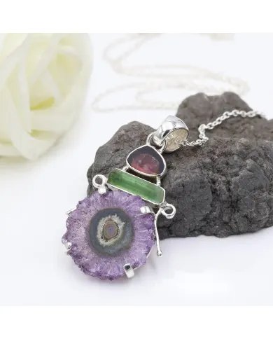 Natural Amethyst Slice Pendant - Sterling Silver Tourmaline Pendant Handmade Jewelry