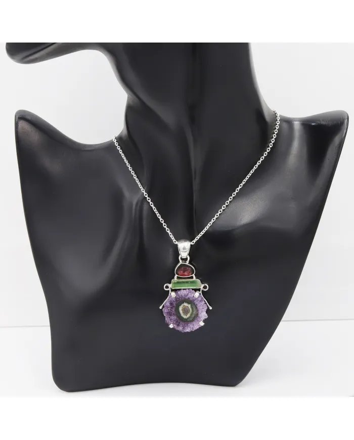Amethyst Slice & Tourmaline Pendant - Handmade 925 Sterling Silver Jewelry
