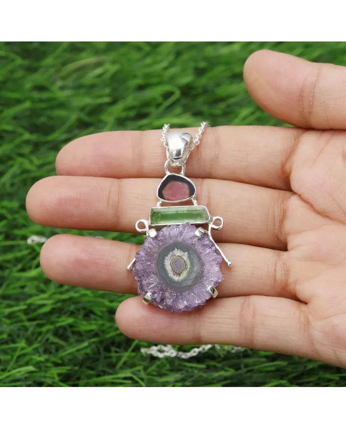 Amethyst Slice & Tourmaline Pendant - Handmade 925 Sterling Silver Jewelry