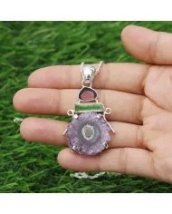 Amethyst Slice & Tourmaline Pendant - Handmade 925 Sterling Silver Jewelry