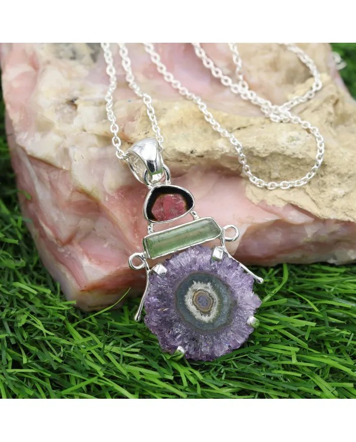 Amethyst Slice & Tourmaline Pendant - Handmade 925 Sterling Silver Jewelry