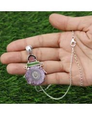 Amethyst Slice & Tourmaline Pendant - Handmade 925 Sterling Silver Jewelry