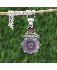 Amethyst Slice & Tourmaline Pendant - Handmade 925 Sterling Silver Jewelry