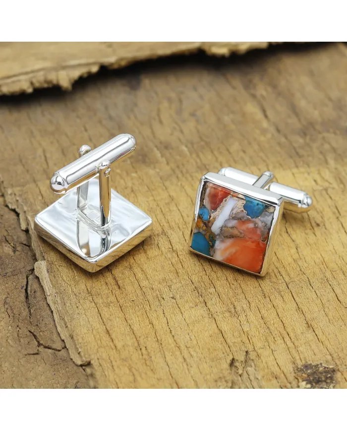 Orange Spiny Oyster Turquoise Cufflinks – Sterling Silver Handmade Men's Cufflinks