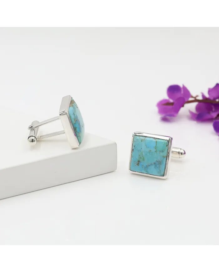 Blue Turquoise Cufflinks – Sterling Silver Handmade Men's Cufflinks