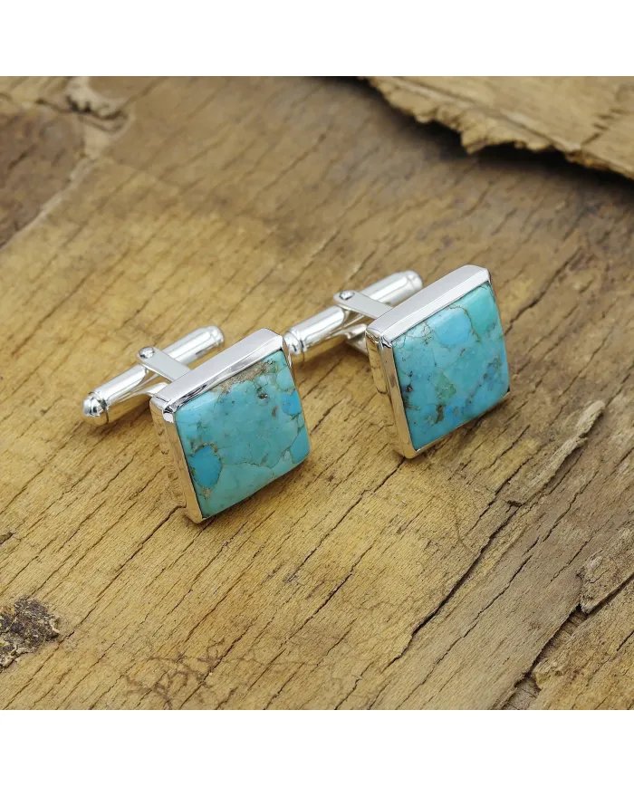 Blue Turquoise Cufflinks – Sterling Silver Handmade Men's Cufflinks