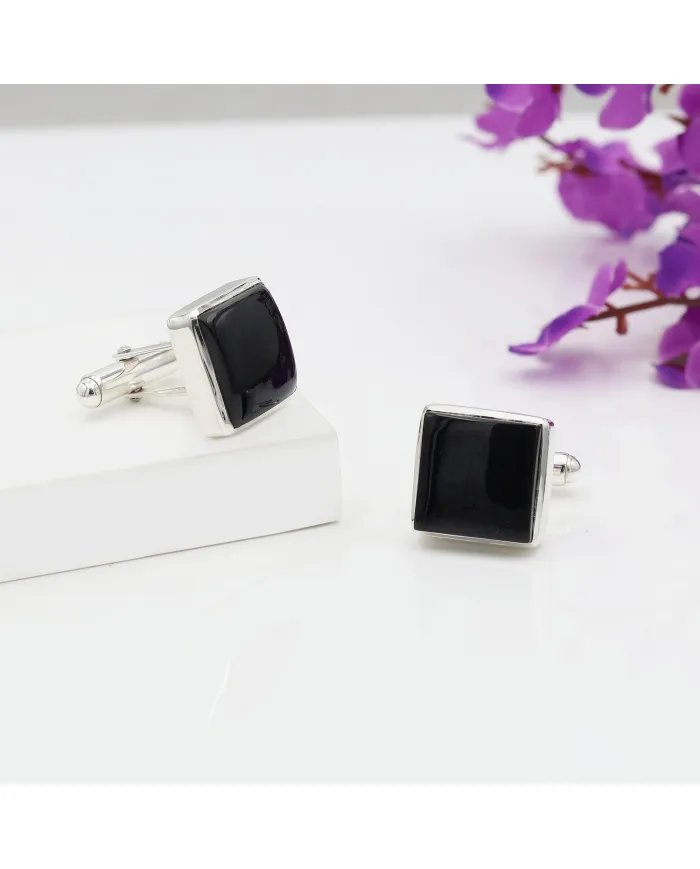 Black Onyx Cufflinks - Sterling Silver Handmade Wedding Cufflinks for Men