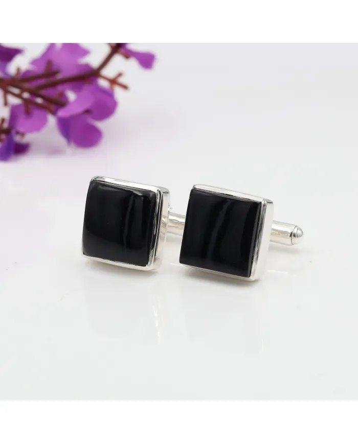 Black Onyx Cufflinks - Sterling Silver Handmade Wedding Cufflinks for Men