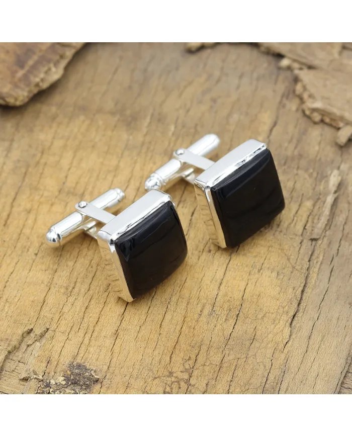 Black Onyx Cufflinks - Sterling Silver Handmade Wedding Cufflinks for Men
