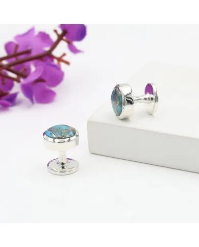 Blue Copper Turquoise Gemstone Shirt Button - Handmade Sterling Silver Men’s Accessory