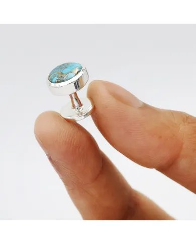 Blue Copper Turquoise Gemstone Shirt Button - Handmade Sterling Silver Men’s Accessory