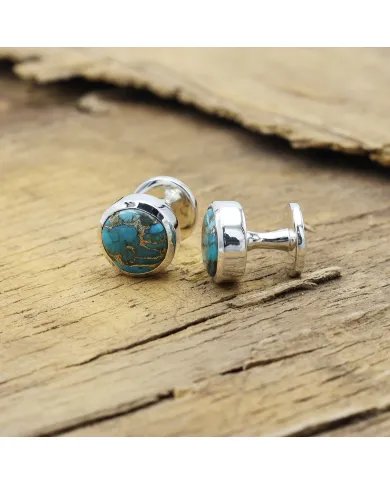 Blue Copper Turquoise Gemstone Shirt Button - Handmade Sterling Silver Men’s Accessory