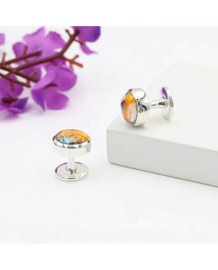 Orange Spiny Oyster Turquoise Cufflinks and Shirt Stud Buttons - Handmade Sterling Silver Men's Accessory