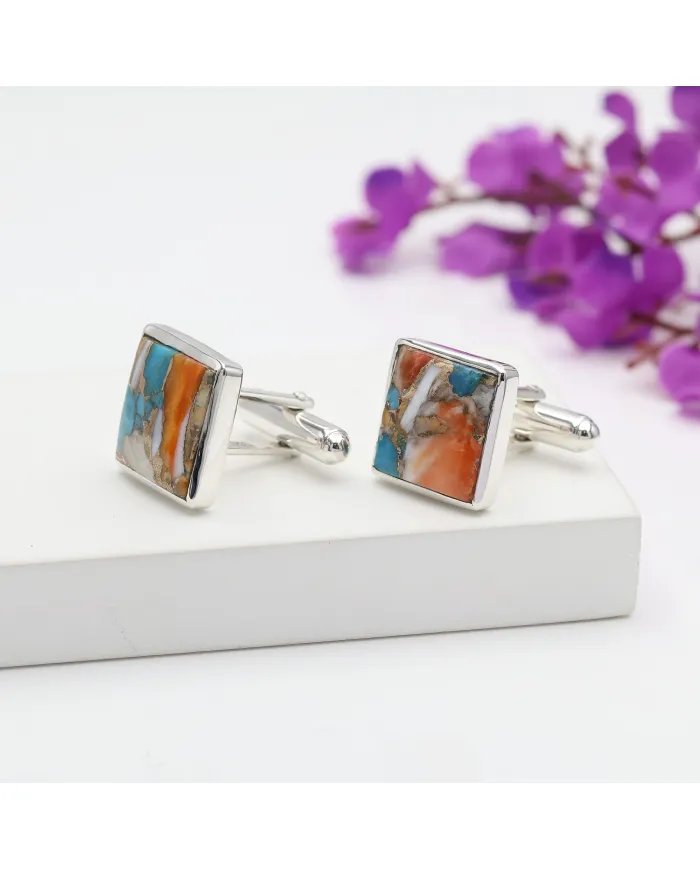 Orange Spiny Oyster Turquoise Cufflinks and Shirt Stud Buttons - Handmade Sterling Silver Men's Accessory