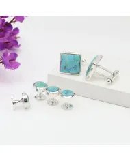 Men’s Handmade Blue Turquoise Cufflinks & Shirt Stud Set – Sterling Silver Elegant Accessory
