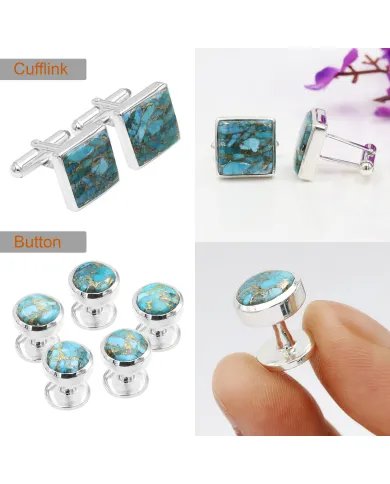 Men’s Handmade Blue Copper Turquoise Cufflinks & Shirt Stud Set – Sterling Silver Elegant Accessory