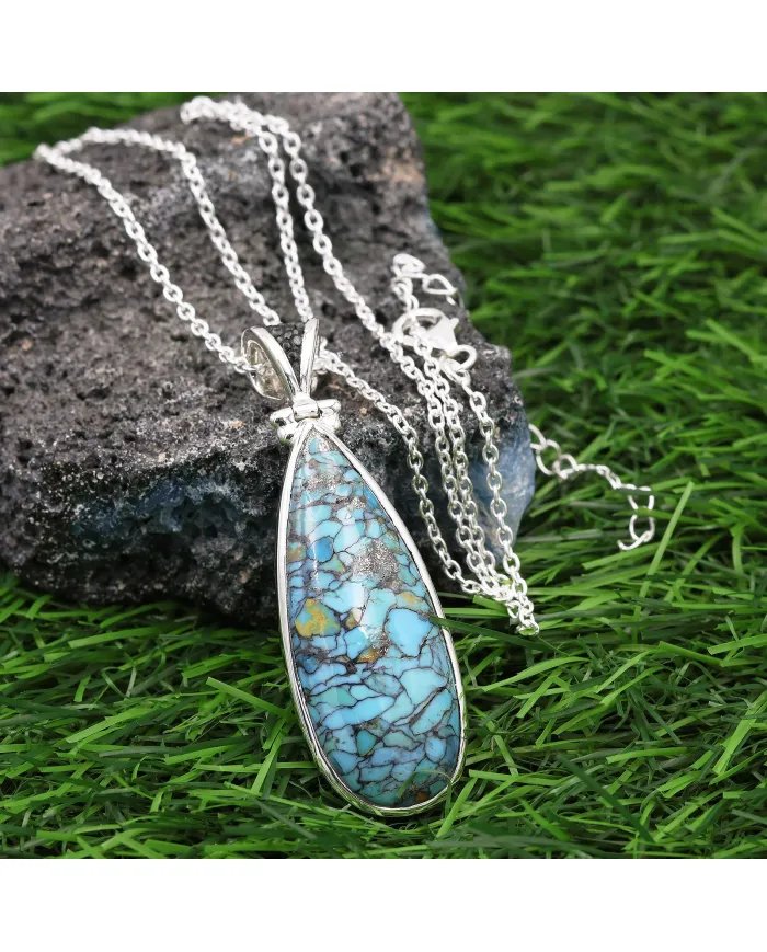 Tibetan Turquoise Pear-Shaped Pendant – Handmade Sterling Silver Women’s Necklace