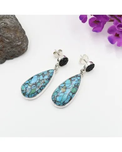 Tibetan Turquoise Earrings - Sterling Silver Black Stingray Unique Handmade Jewelry for Women
