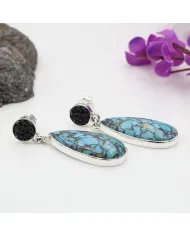 Tibetan Turquoise Earrings - Sterling Silver Black Stingray Unique Handmade Jewelry for Women