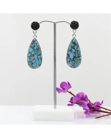 Tibetan Turquoise Earrings - Sterling Silver Black Stingray Unique Handmade Jewelry for Women