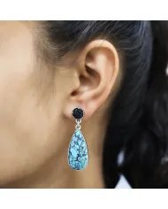 Tibetan Turquoise Earrings - Sterling Silver Black Stingray Unique Handmade Jewelry for Women