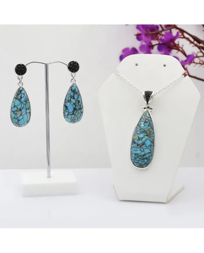 Tibetan Turquoise Pendant With Earrings Set - 925 Sterling Silver Black Stingray Leather Handmade Unique Jewelry