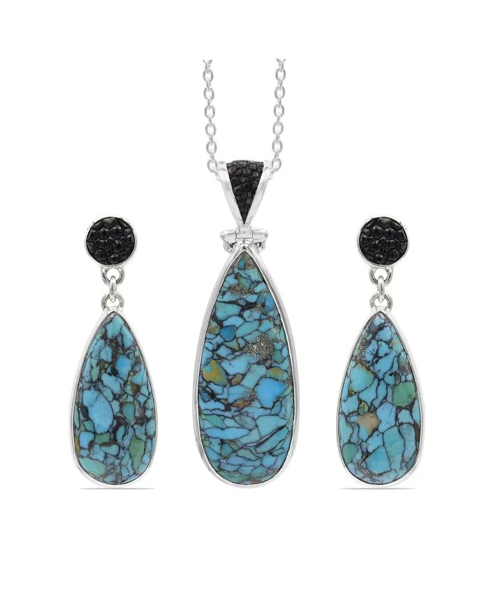 Tibetan Turquoise Pendant With Earrings Set - 925 Sterling Silver Black Stingray Leather Handmade Unique Jewelry