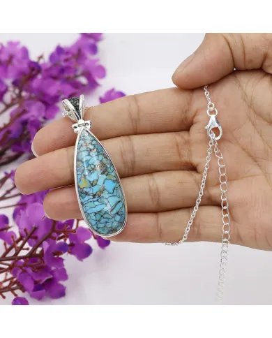 Tibetan Turquoise Pendant With Earrings Set - 925 Sterling Silver Black Stingray Leather Handmade Unique Jewelry