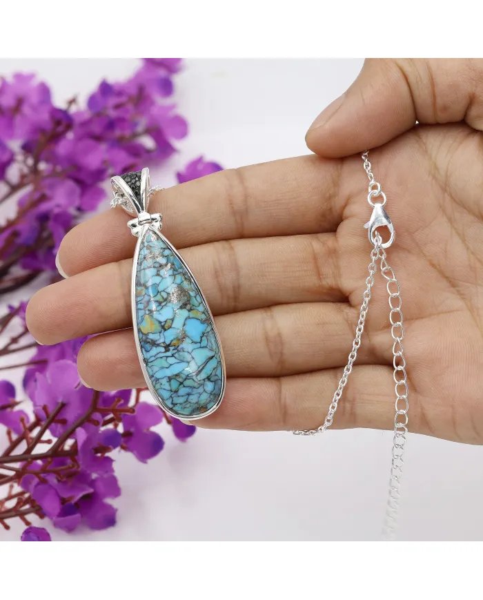 Tibetan Turquoise Pendant With Earrings Set - 925 Sterling Silver Black Stingray Leather Handmade Unique Jewelry