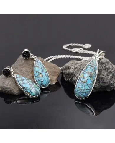 Tibetan Turquoise Pendant With Earrings Set - 925 Sterling Silver Black Stingray Leather Handmade Unique Jewelry
