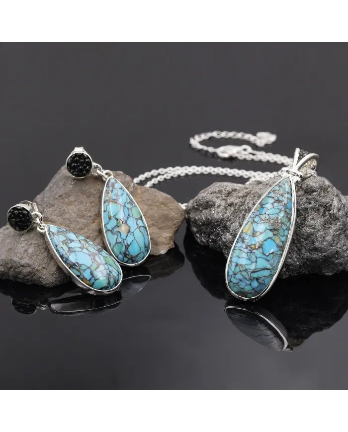 Tibetan Turquoise Pendant With Earrings Set - 925 Sterling Silver Black Stingray Leather Handmade Unique Jewelry