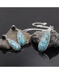 Tibetan Turquoise Pendant With Earrings Set - 925 Sterling Silver Black Stingray Leather Handmade Unique Jewelry