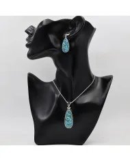 Tibetan Turquoise Pendant With Earrings Set - 925 Sterling Silver Black Stingray Leather Handmade Unique Jewelry