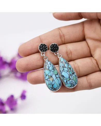 Tibetan Turquoise Pendant With Earrings Set - 925 Sterling Silver Black Stingray Leather Handmade Unique Jewelry