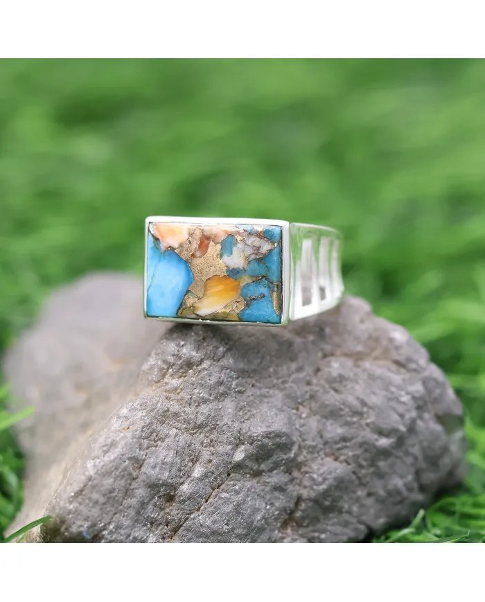Orange Spiny Turquoise Ring - Sterling Silver Statement Men's Jewelry