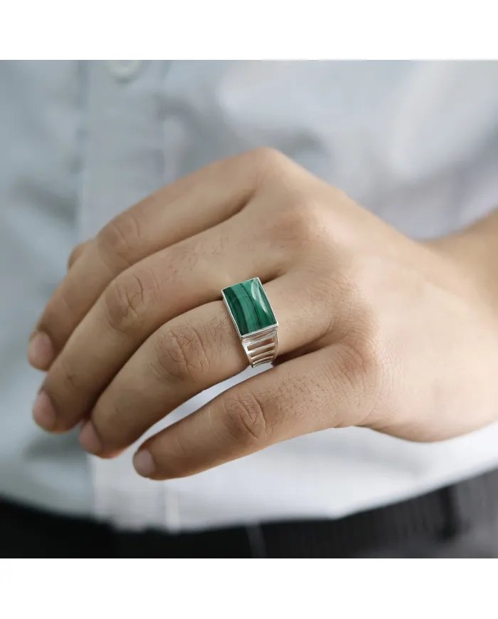 Natural Malachite Ring - Sterling Silver Handmade Unique Men's Jewelry